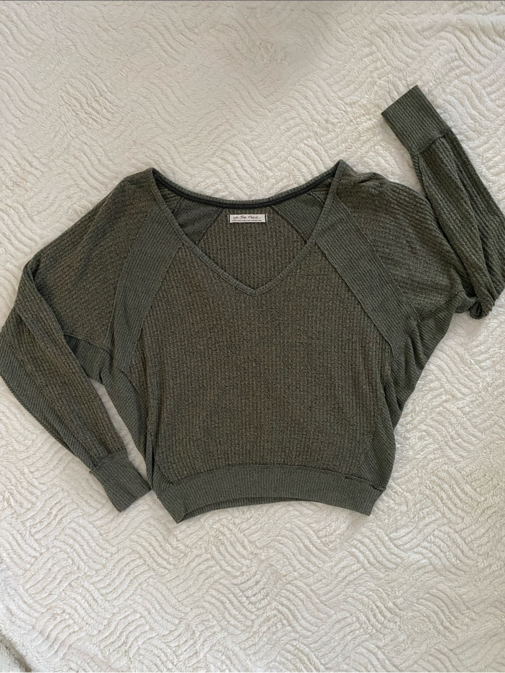 We The Free Olive Green V-Neck Waffle Knit Shirt
